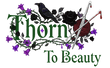 Artistic logo for 'Thorn to Beauty' featuring a black rose, crochet tools, and decorative flowers.