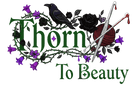 Artistic logo for 'Thorn to Beauty' featuring a black rose, crochet tools, and decorative flowers.
